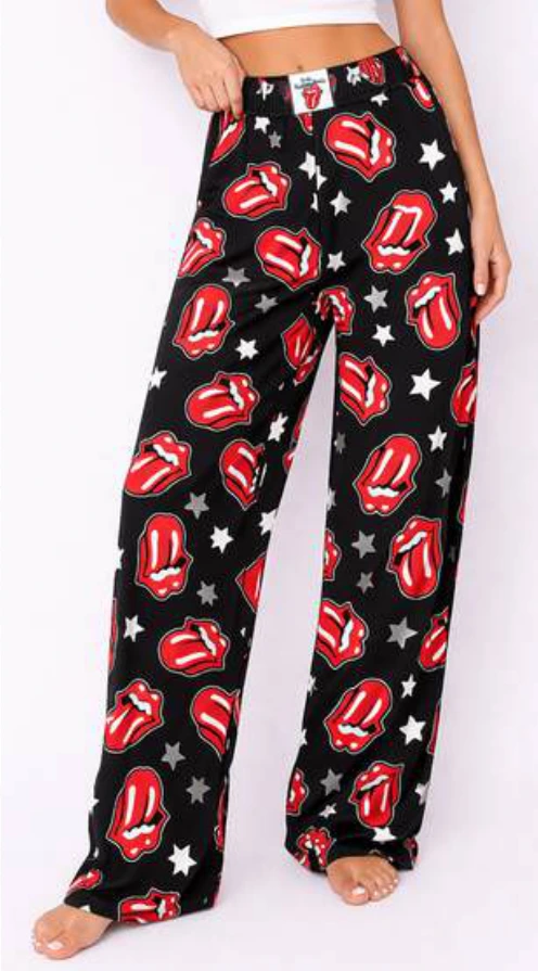 Black Rolling Stones lounge pants with red tongue print.