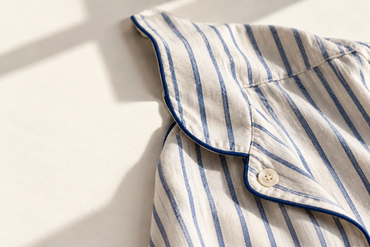 Close-up of striped sleepwear, piping and a button.