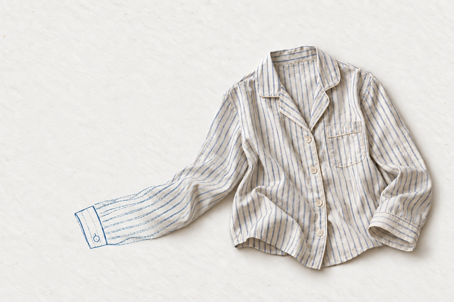 A striped pajama shirt changing between a blue-pen drawing and a finished sample.