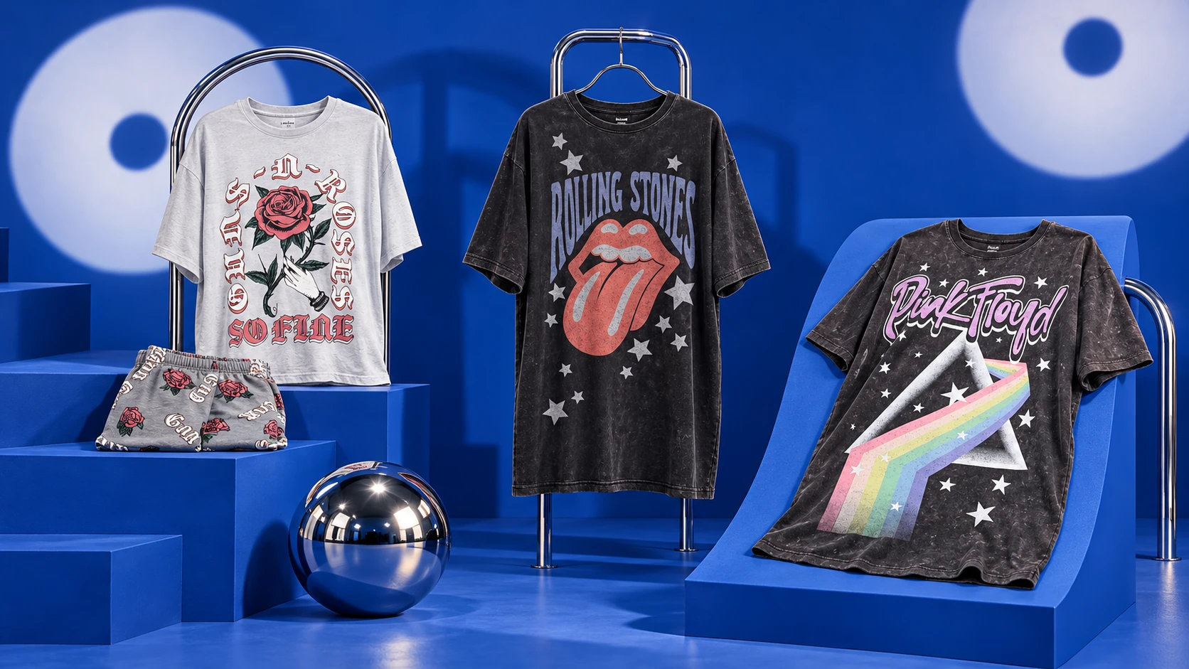 Rolling Stones, Pink Floyd and Guns N’ Roses sleep tees on cobalt pedestals, displayed like gallery sculpture.