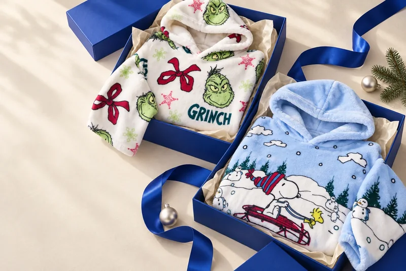 Grinch and Peanuts plush hoodies folded into cobalt gift boxes.